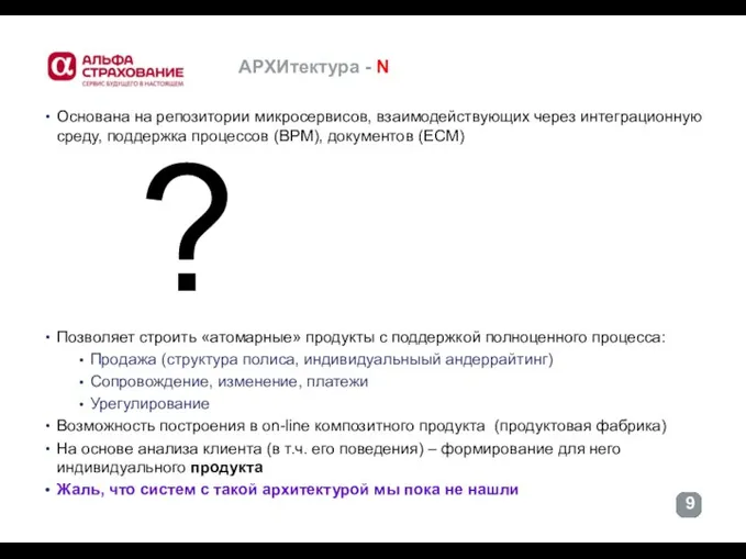 АРХИтектура - N Основана на репозитории микросервисов, взаимодействующих через интеграционную среду, поддержка