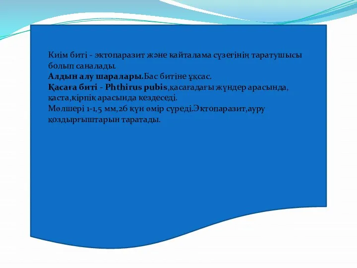 Киім биті - эктопаразит және кайталама сүзегінің таратушысы болып саналады. Алдын алу