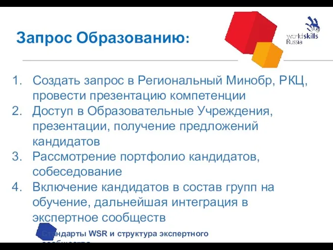 Запрос Образованию: Стандарты WSR и структура экспертного сообщества Создать запрос в Региональный