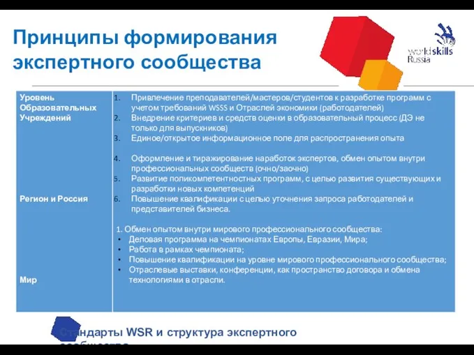 Принципы формирования экспертного сообщества Стандарты WSR и структура экспертного сообщества