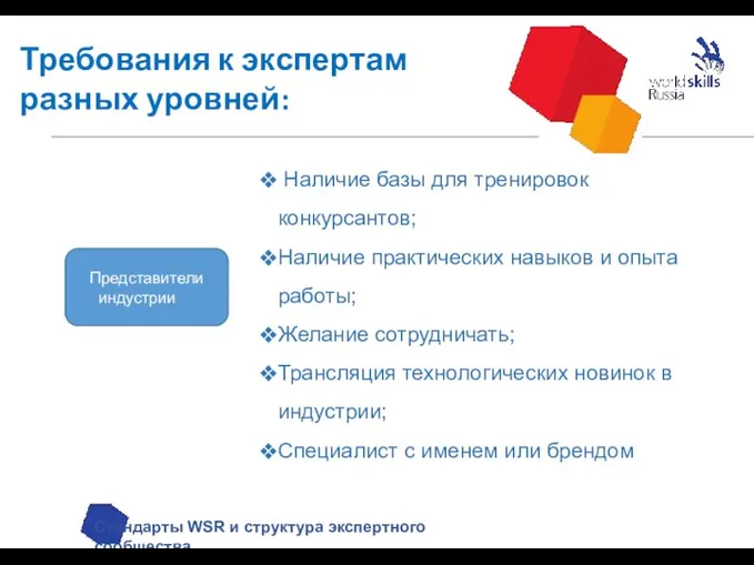 Требования к экспертам разных уровней: Стандарты WSR и структура экспертного сообщества Представители