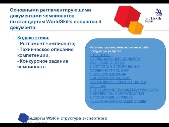 Основными регламентирующими документами чемпионатов по стандартам WorldSkills являются 4 документа: Стандарты WSR