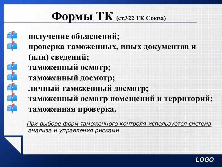 Формы ТК (ст.322 ТК Союза) получение объяснений; проверка таможенных, иных документов и