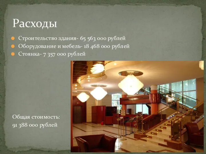 Строительство здания- 65 563 000 рублей Оборудование и мебель- 18 468 000