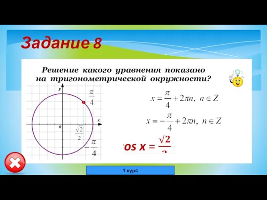 Задание 8 Решение какого уравнения показано на тригонометрической окружности? 1 курс