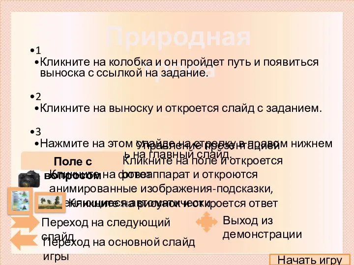 Природная тропа 1 Кликните на колобка и он пройдет путь и появиться