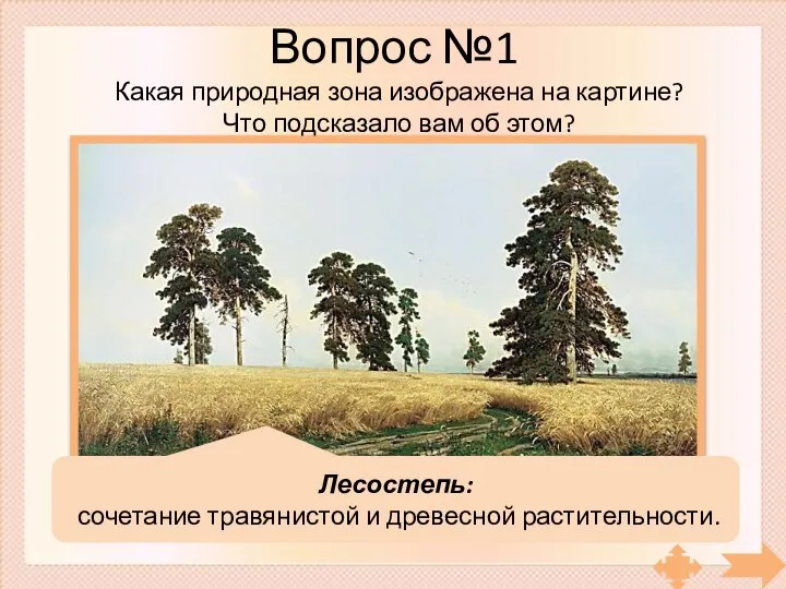 Вопрос №1 Какая природная зона изображена на картине? Что подсказало вам об