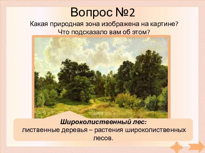 Вопрос №2 Какая природная зона изображена на картине? Что подсказало вам об