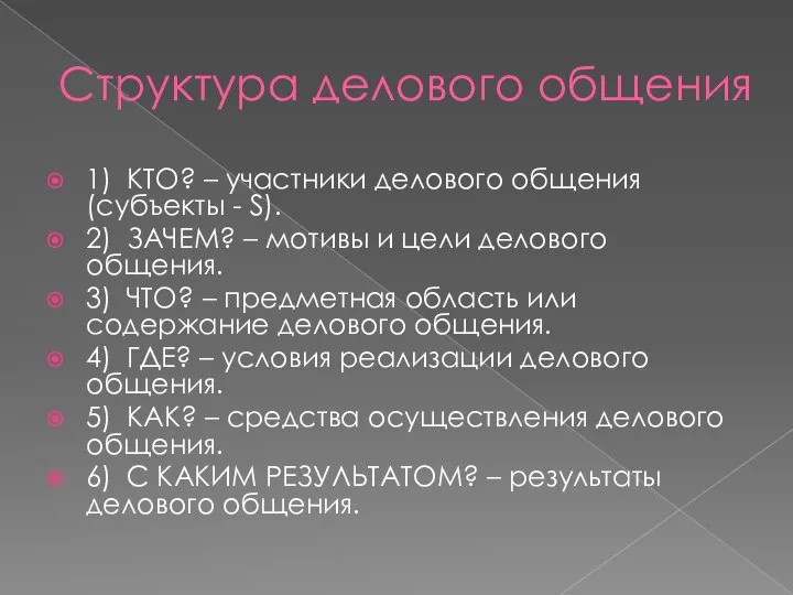 Структура делового общения 1) КТО? – участники делового общения (субъекты - S).