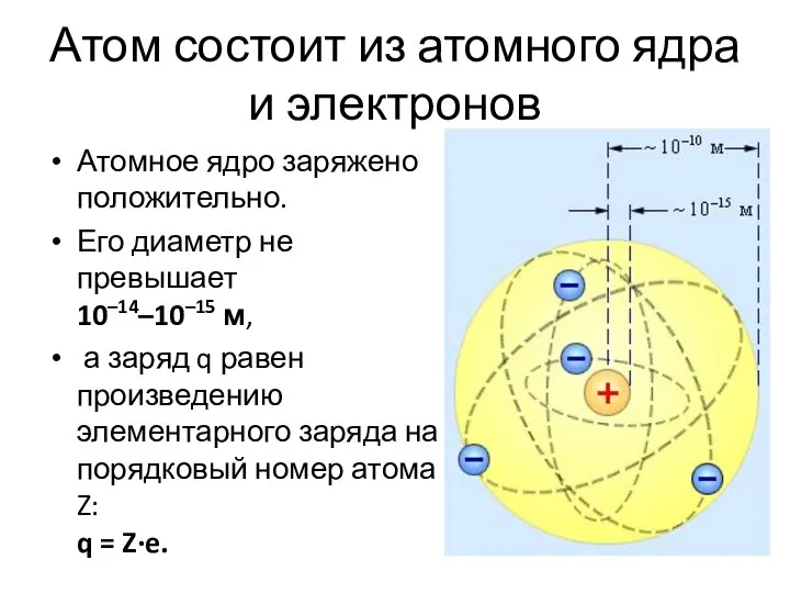 Атом состоит из атомного ядра и электронов Атомное ядро заряжено положительно. Его