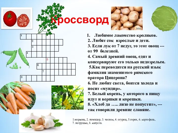 Кроссворд Любимое лакомство кроликов. 2. Любят сок взрослые и дети. 3. Если