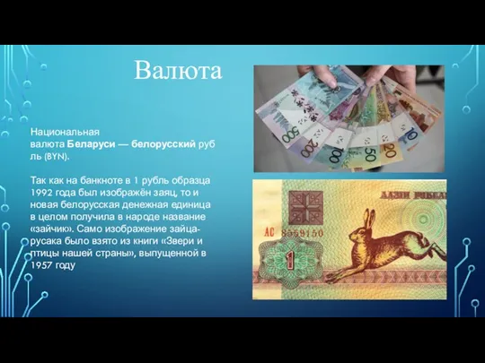 Национальная валюта Беларуси — белорусский рубль (BYN). Так как на банкноте в