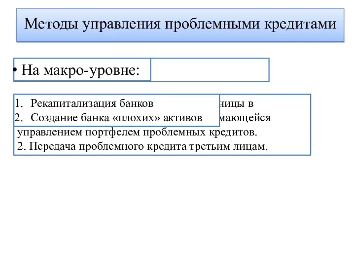 Методы управления проблемными кредитами На микро-уровне: 1. Создание отдельной структурной единицы в