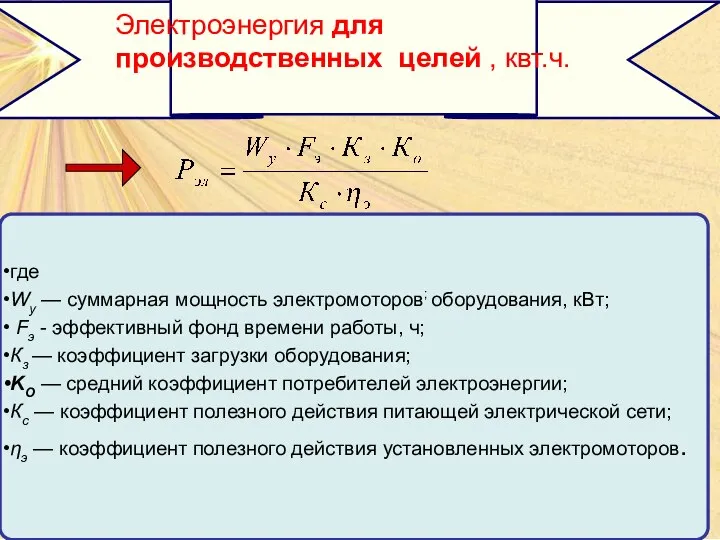 где Wy — суммарная мощность электромоторов; оборудования, кВт; Fэ - эффективный фонд