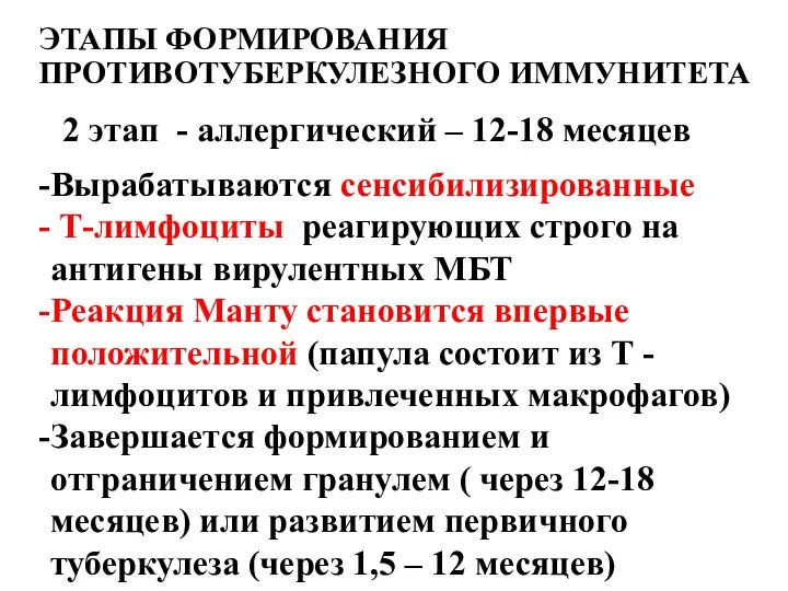 ЭТАПЫ ФОРМИРОВАНИЯ ПРОТИВОТУБЕРКУЛЕЗНОГО ИММУНИТЕТА 2 этап - аллергический – 12-18 месяцев Вырабатываются