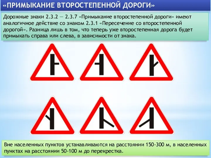 «ПРИМЫКАНИЕ ВТОРОСТЕПЕННОЙ ДОРОГИ» Дорожные знаки 2.3.2 — 2.3.7 «Примыкание второстепенной дороги» имеют