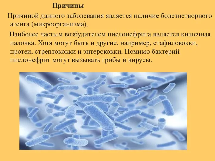 Причины Причиной данного заболевания является наличие болезнетворного агента (микроорганизма). Наиболее частым возбудителем