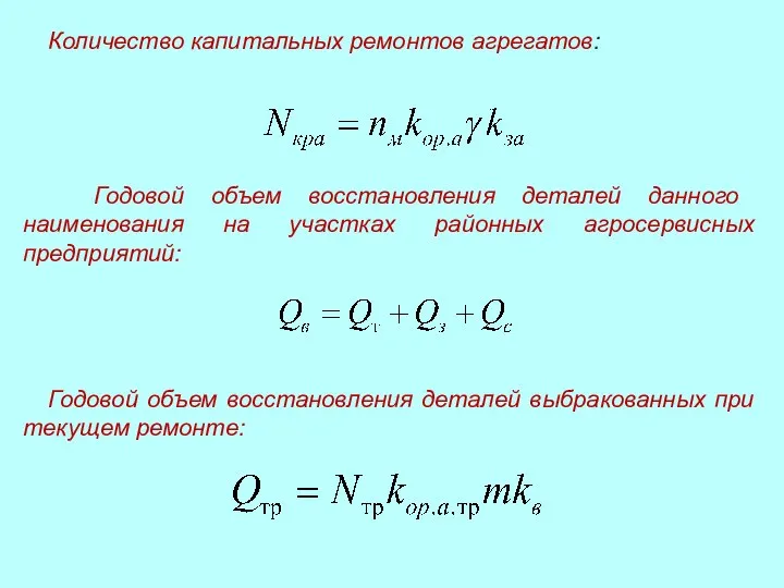 Годовой объем восстановления деталей данного наименования на участках районных агросервисных предприятий: Количество