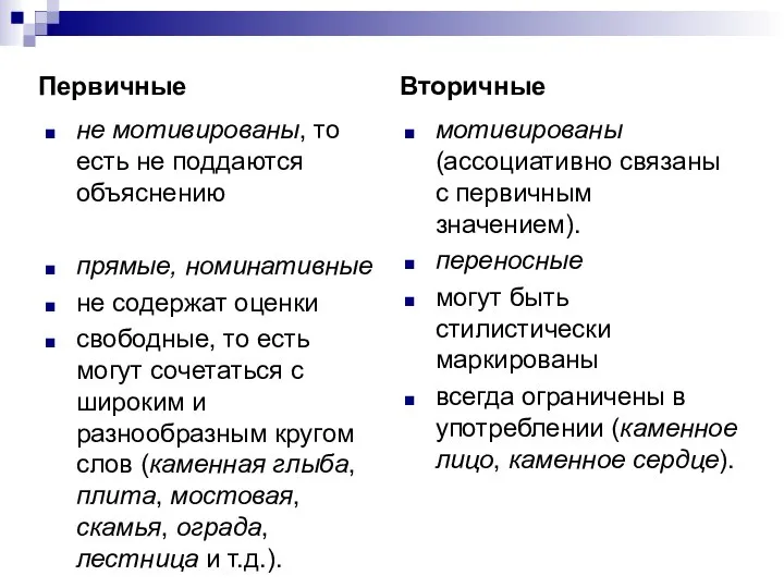 Первичные не мотивированы, то есть не поддаются объяснению прямые, номинативные не содержат