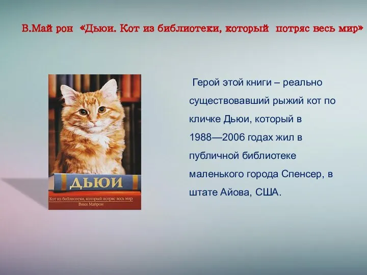 В.Майрон «Дьюи. Кот из библиотеки, который потряс весь мир» Герой этой книги