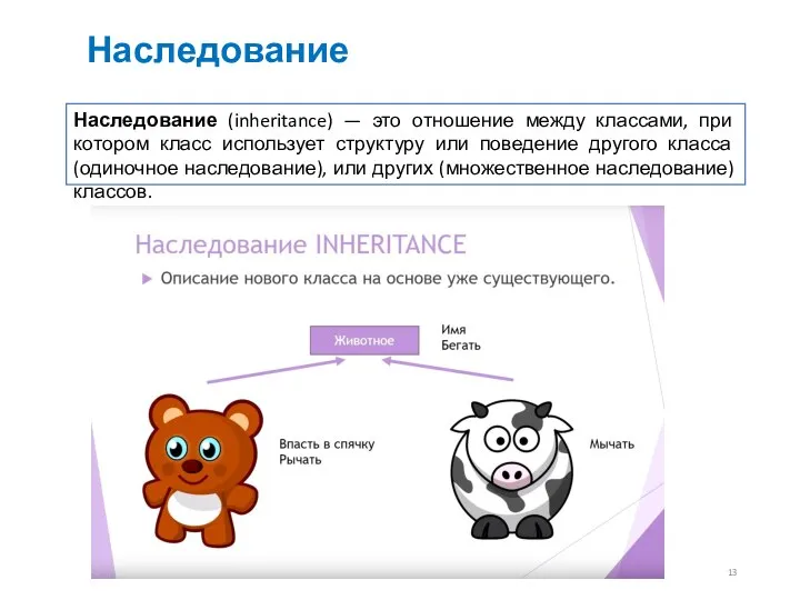 Наследование (inheritance) — это отношение между классами, при котором класс использует структуру