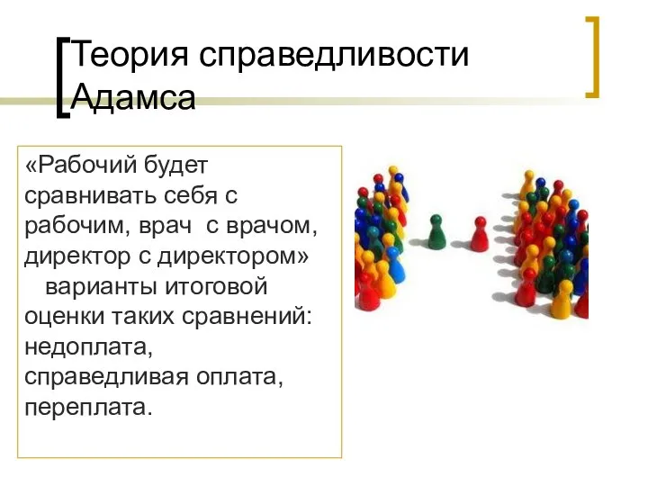 Теория справедливости Адамса «Рабочий будет сравнивать себя с рабочим, врач с врачом,директор