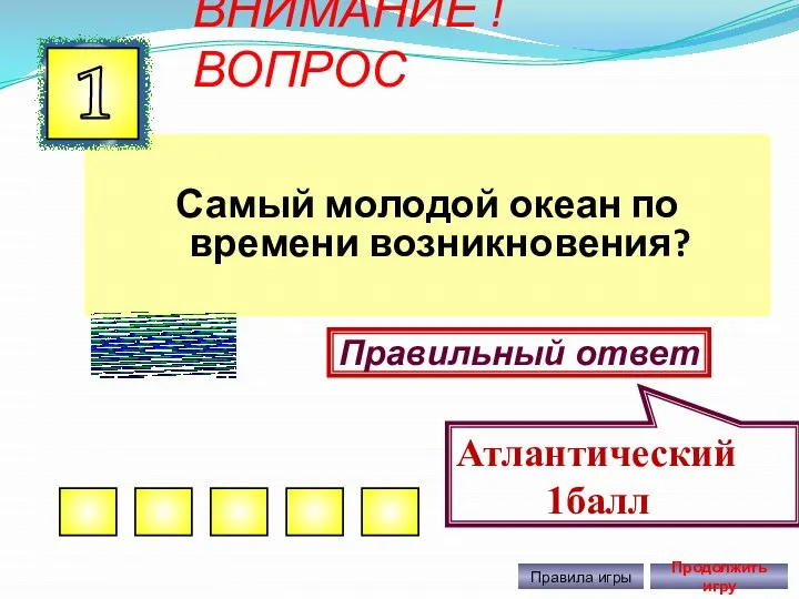 ВНИМАНИЕ ! ВОПРОС Самый молодой океан по времени возникновения? 1 Правильный ответ