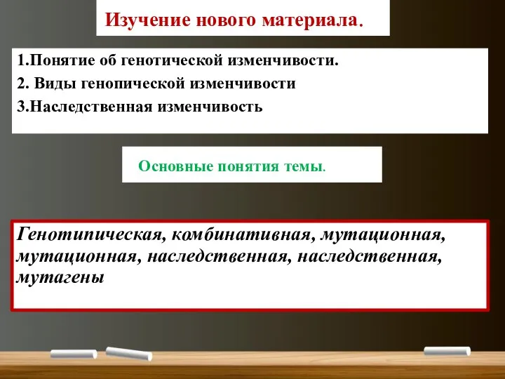 Изучение нового материала. 1.Понятие об генотической изменчивости. 2. Виды генопической изменчивости 3.Наследственная