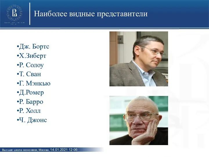 Наиболее видные представители Дж. Бортс Х.Зиберт Р. Солоу Т. Сван Г. Мэнкью