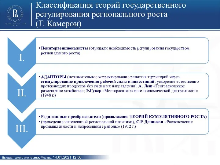 Классификация теорий государственного регулирования регионального роста (Г. Камерон)