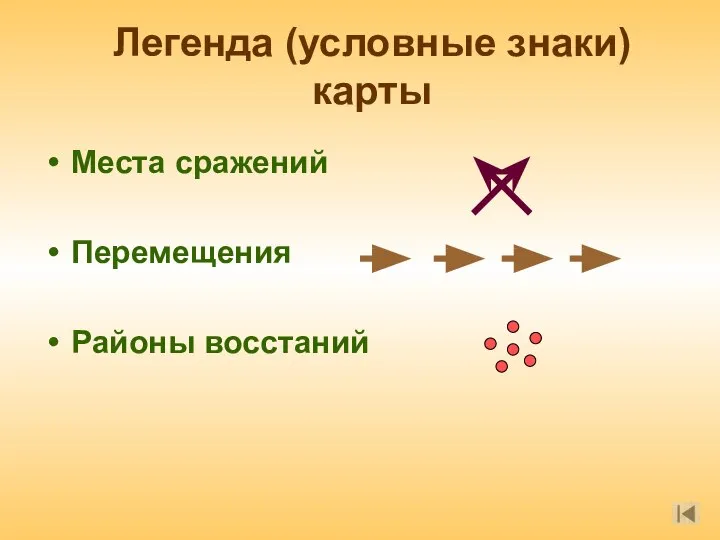 Легенда (условные знаки) карты Места сражений Перемещения Районы восстаний