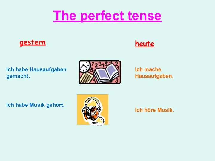 The perfect tense heute gestern Ich mache Hausaufgaben. Ich habe Hausaufgaben gemacht.