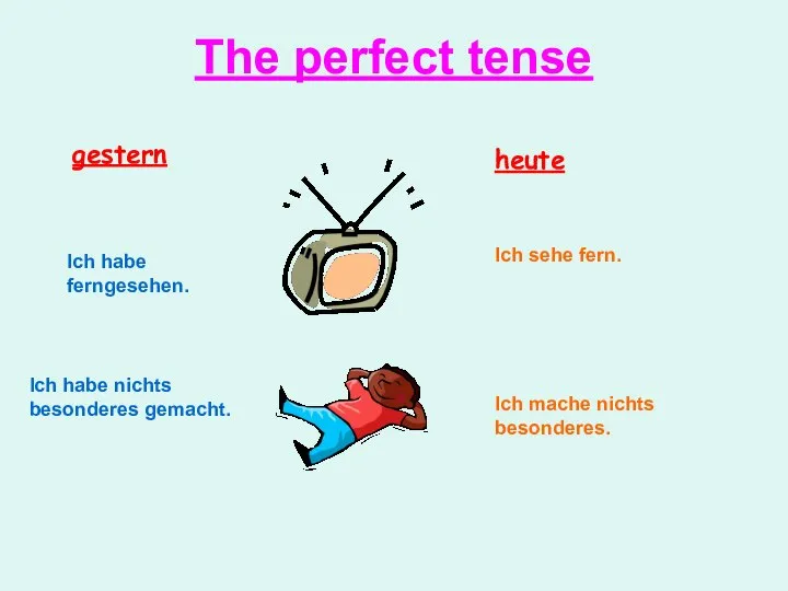 The perfect tense heute gestern Ich sehe fern. Ich habe ferngesehen. Ich