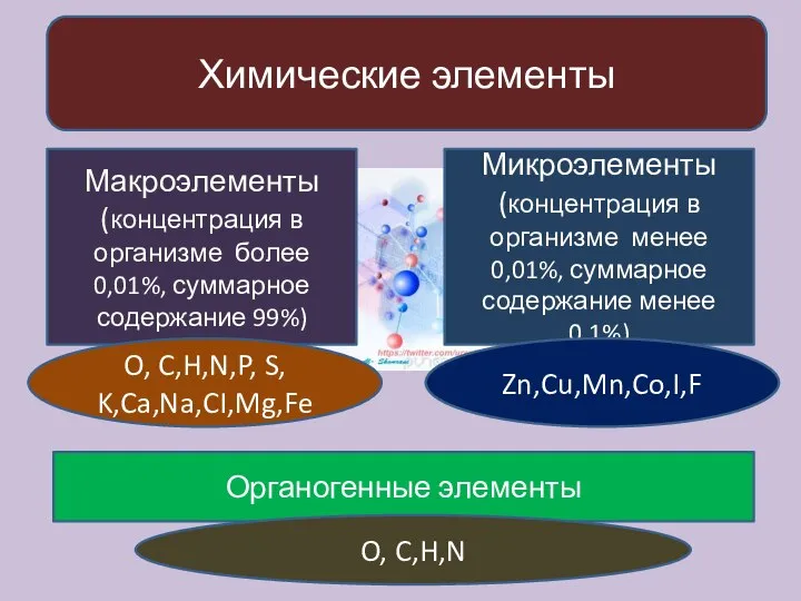 Химические элементы Макроэлементы (концентрация в организме более 0,01%, суммарное содержание 99%) Микроэлементы