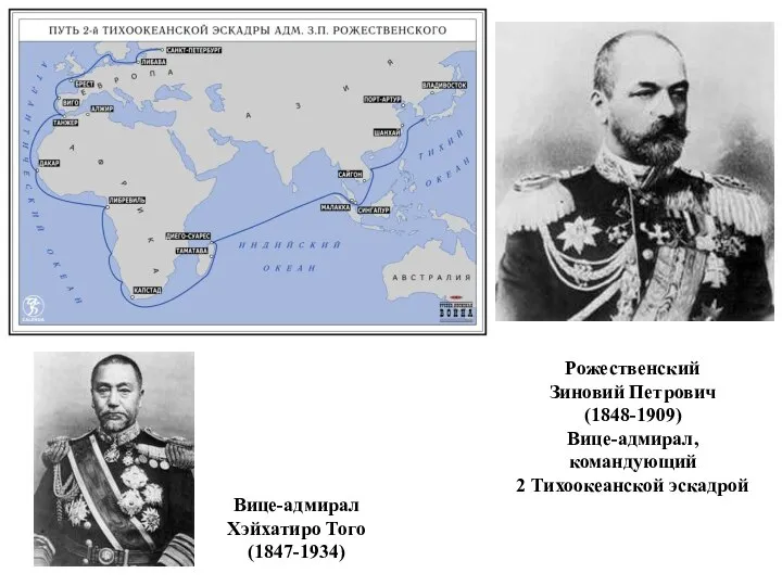 Рожественский Зиновий Петрович (1848-1909) Вице-адмирал, командующий 2 Тихоокеанской эскадрой Вице-адмирал Хэйхатиро Того (1847-1934)