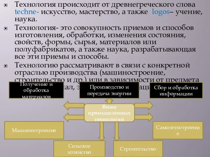 Технология происходит от древнегреческого слова techne- искусство, мастерство, а также logos– учение,