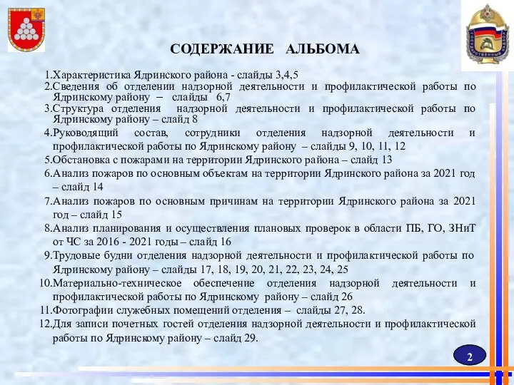 СОДЕРЖАНИЕ АЛЬБОМА Характеристика Ядринского района - слайды 3,4,5 Сведения об отделении надзорной