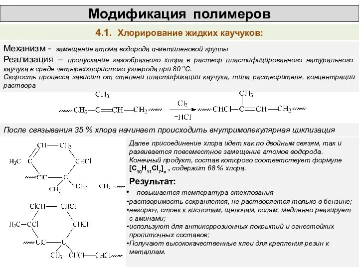 Модификация полимеров 4.1. Хлорирование жидких каучуков: Механизм - замещение атома водорода α-метиленовой