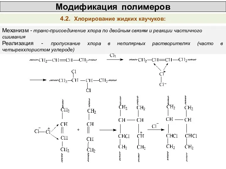 Модификация полимеров 4.2. Хлорирование жидких каучуков: Механизм - транс-присоединение хлора по двойным