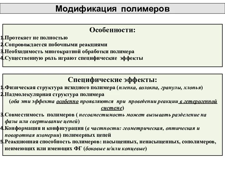 Особенности: Протекает не полностью Сопровождается побочными реакциями Необходимость многократной обработки полимера Существенную