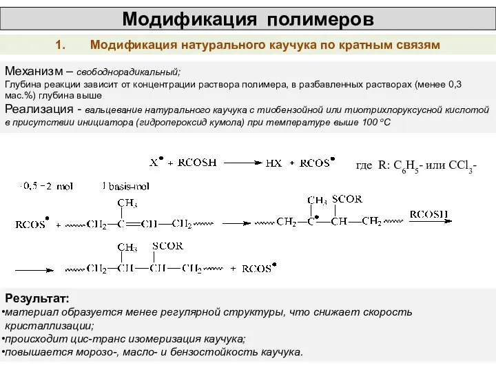 Модификация полимеров 1. Модификация натурального каучука по кратным связям Механизм – свободнорадикальный;