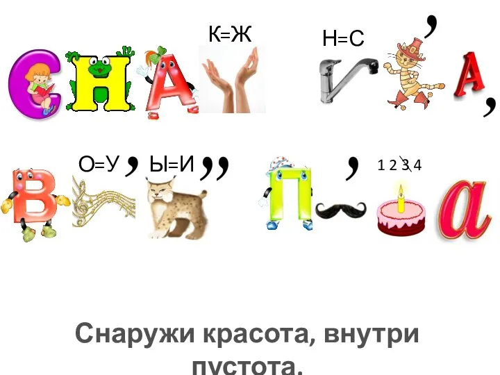 К=Ж Н=С О=У Ы=И 1 2 3 4 Снаружи красота, внутри пустота.