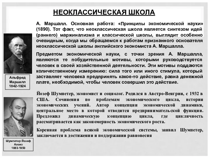 НЕОКЛАССИЧЕСКАЯ ШКОЛА Альфред Маршалл 1842-1924 А. Маршалл. Основная работа: «Принципы экономической науки»