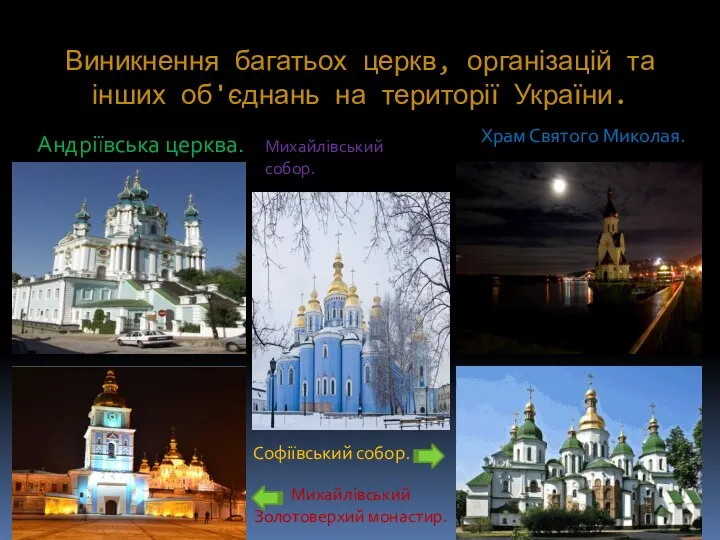 Виникнення багатьох церкв, організацій та інших об'єднань на території України. Андріївська церква.