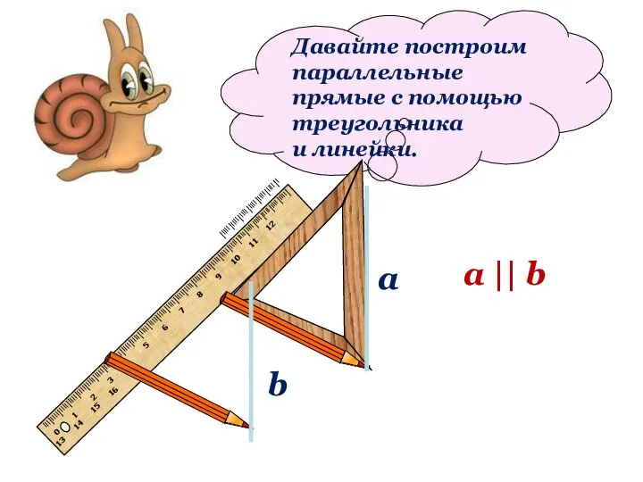 Давайте построим параллельные прямые с помощью треугольника и линейки. a b a || b