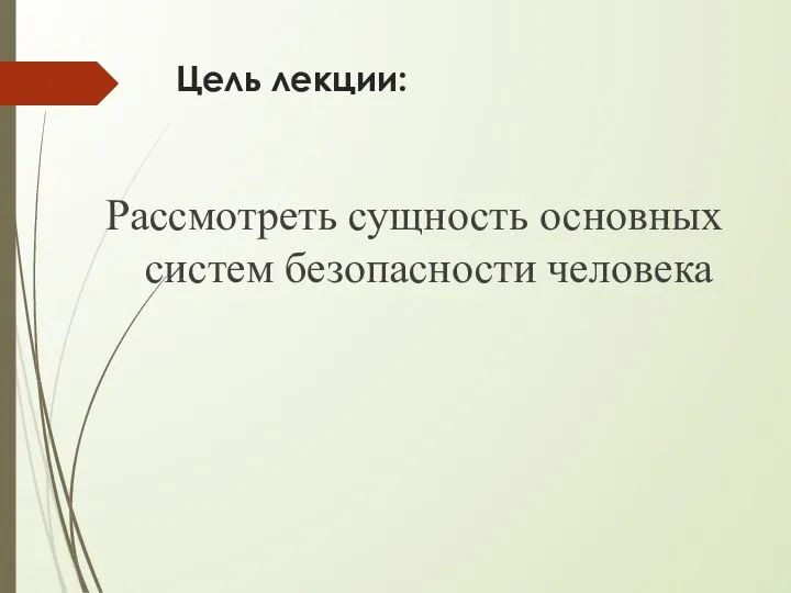 Цель лекции: Рассмотреть сущность основных систем безопасности человека