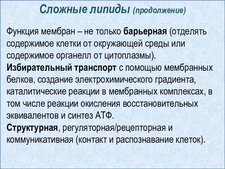 Сложные липиды (продолжение) Функция мембран – не только барьерная (отделять содержимое клетки