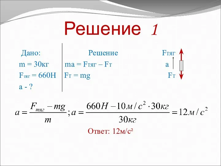 Дано: Решение FТЯГ m = 30кг ma = FТЯГ – FT а