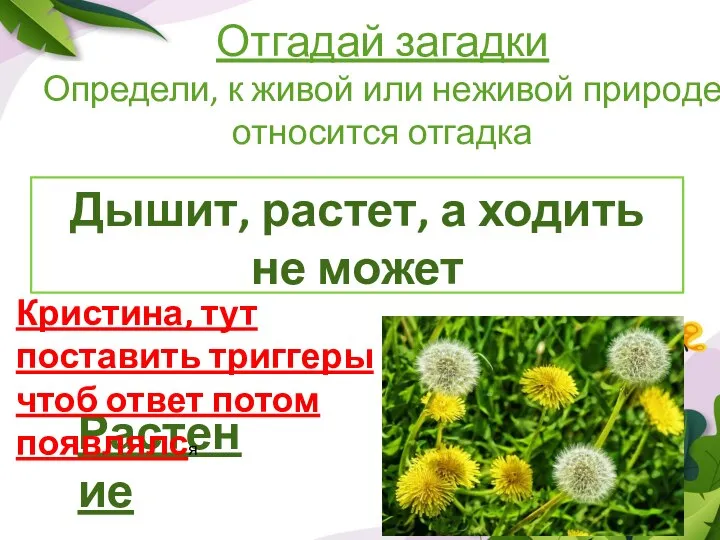 Отгадай загадки Определи, к живой или неживой природе относится отгадка Дышит, растет,