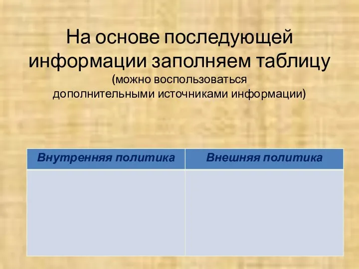 На основе последующей информации заполняем таблицу (можно воспользоваться дополнительными источниками информации)